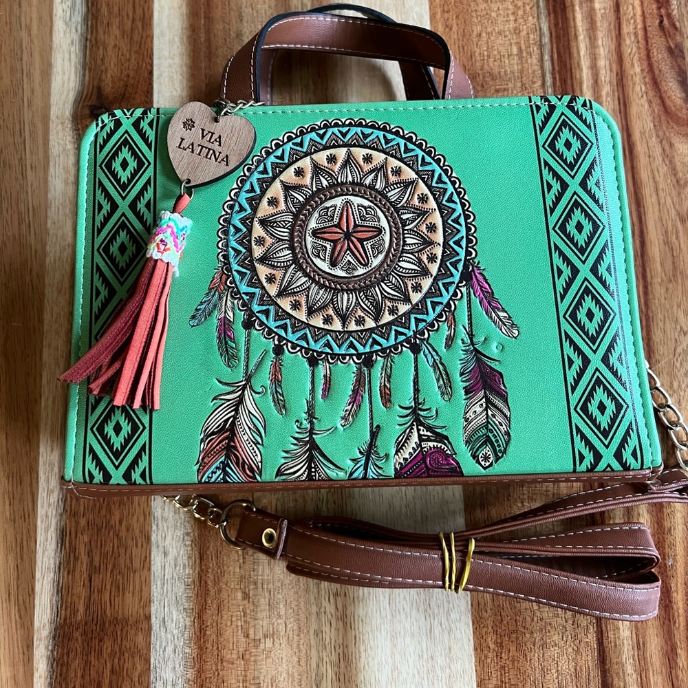 Embossed Dreamcatcher Design Vegan Leather Handbag, Top Handle/ Crossbody, NWOT